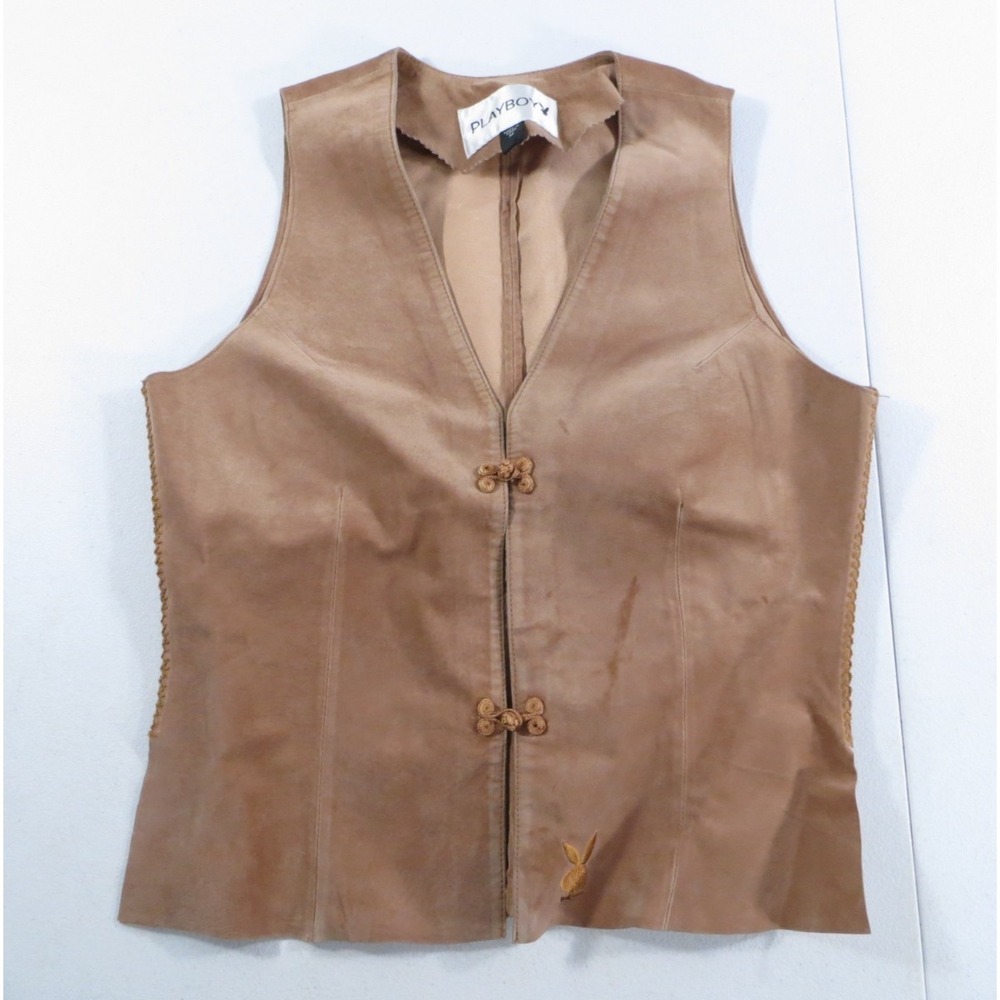 Vintage Playboy 100% Leather Brown Suede Hide Feel‎ Embroidered Women's Vest M